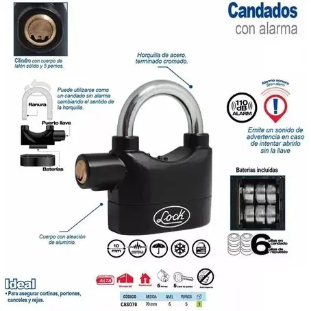 Candado Reforzado *con Alarma* Antirrobo 70 MM (3 llaves)