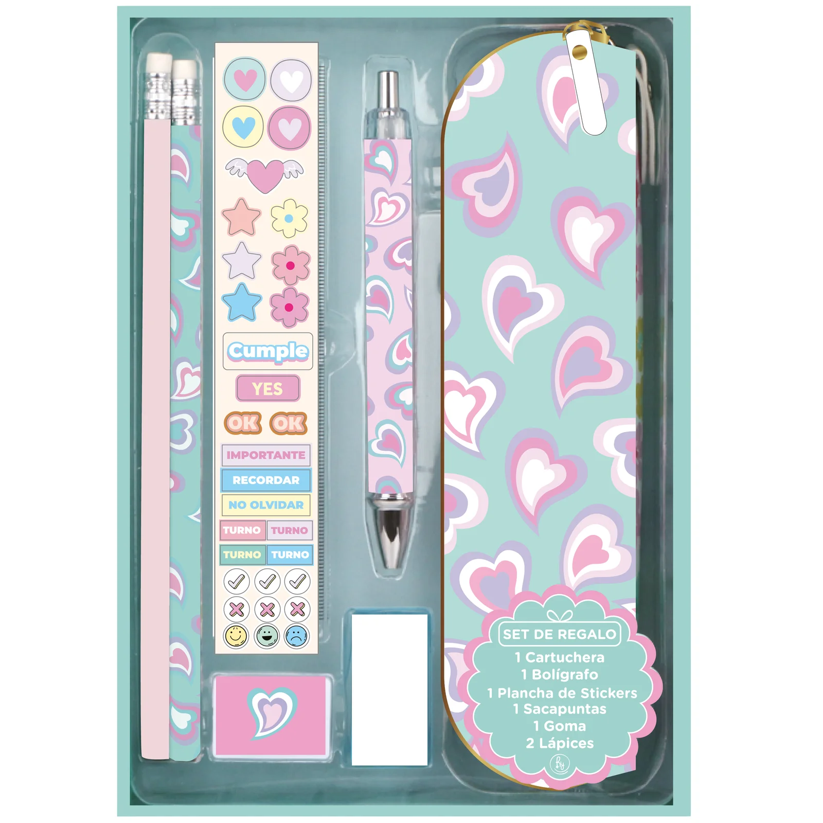 Set de regalo RY Colección STATIONERY * CORAZONES *  PREMIUM Cartuchera + Acces0rios