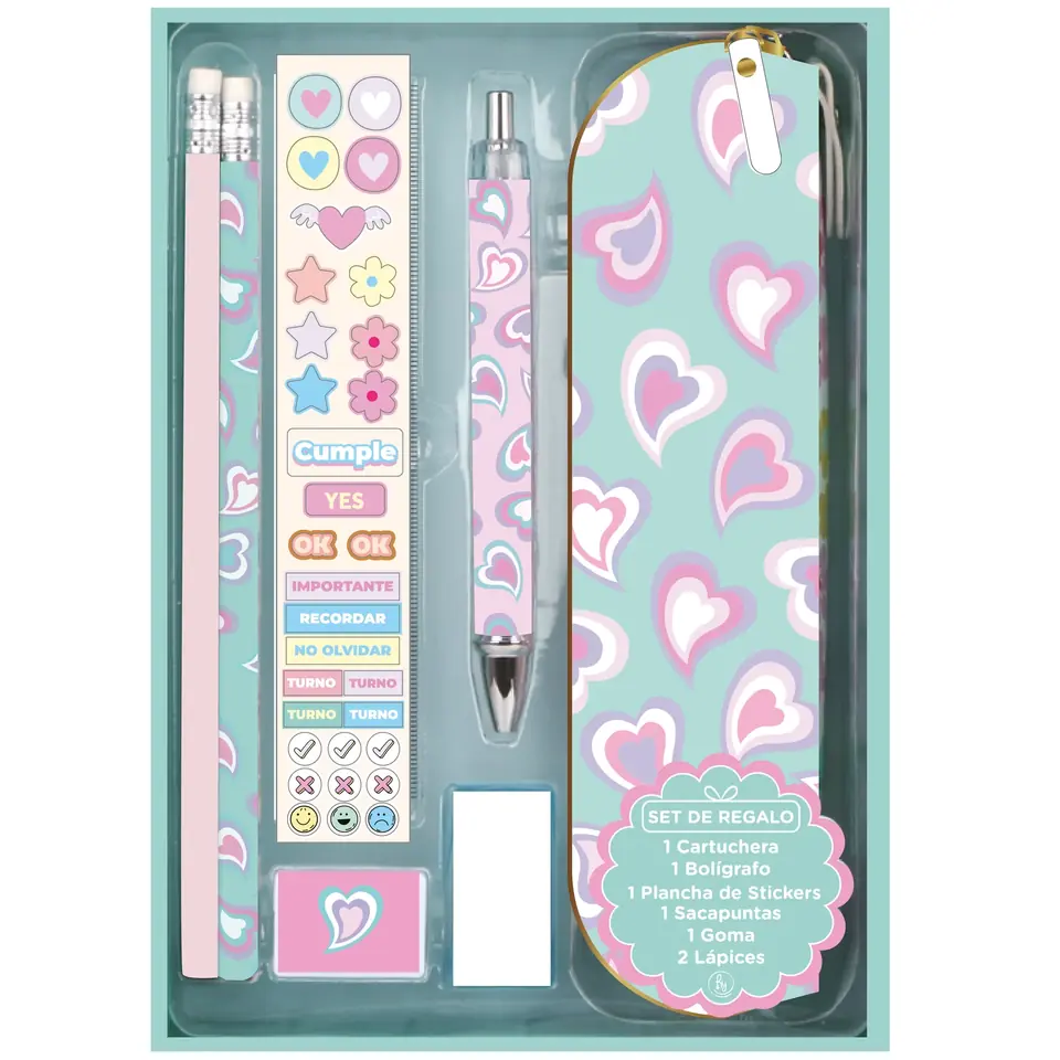 Set de regalo RY Colección STATIONERY * CORAZONES *  PREMIUM Cartuchera + Acces0rios