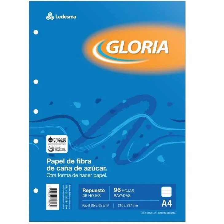 Repuesto GLORIA A4 * RAYADO * x 96 Hojas