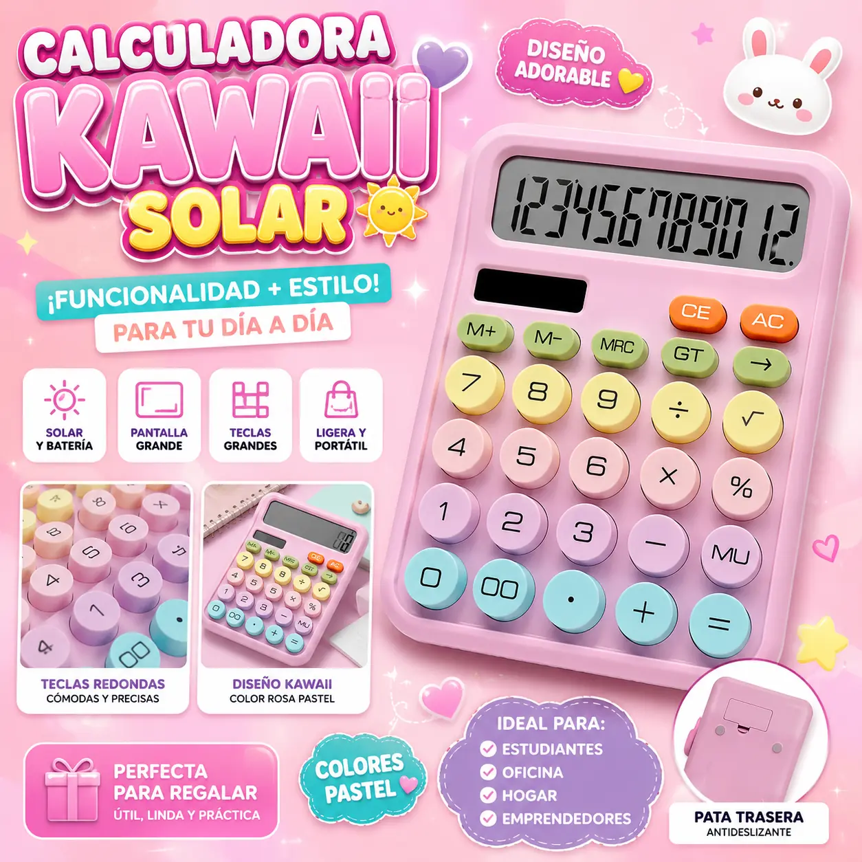 CALCULADORA MECANICA * KAWAII ROSA PASTEL * TAMAÑO MEDIANO (12 digitos) - Excelente Calidad - SOLAR (No necesita Piila)