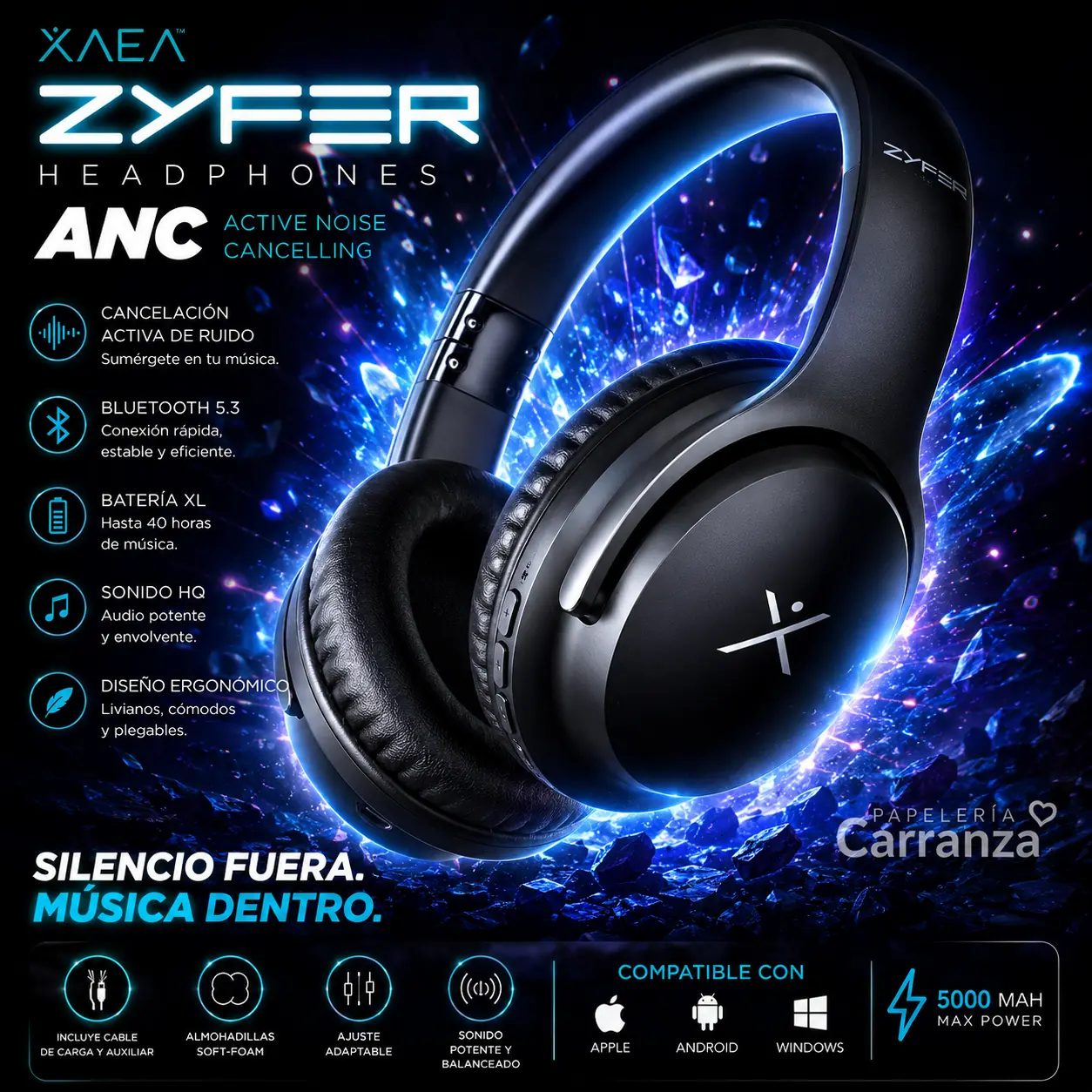 Auriculares Inalámbricos * XAEA ZYFER PRO Negro * Bluetooth (Premium) Batería XL -CALIDAD- CON CANCELACION DE RUIDOS