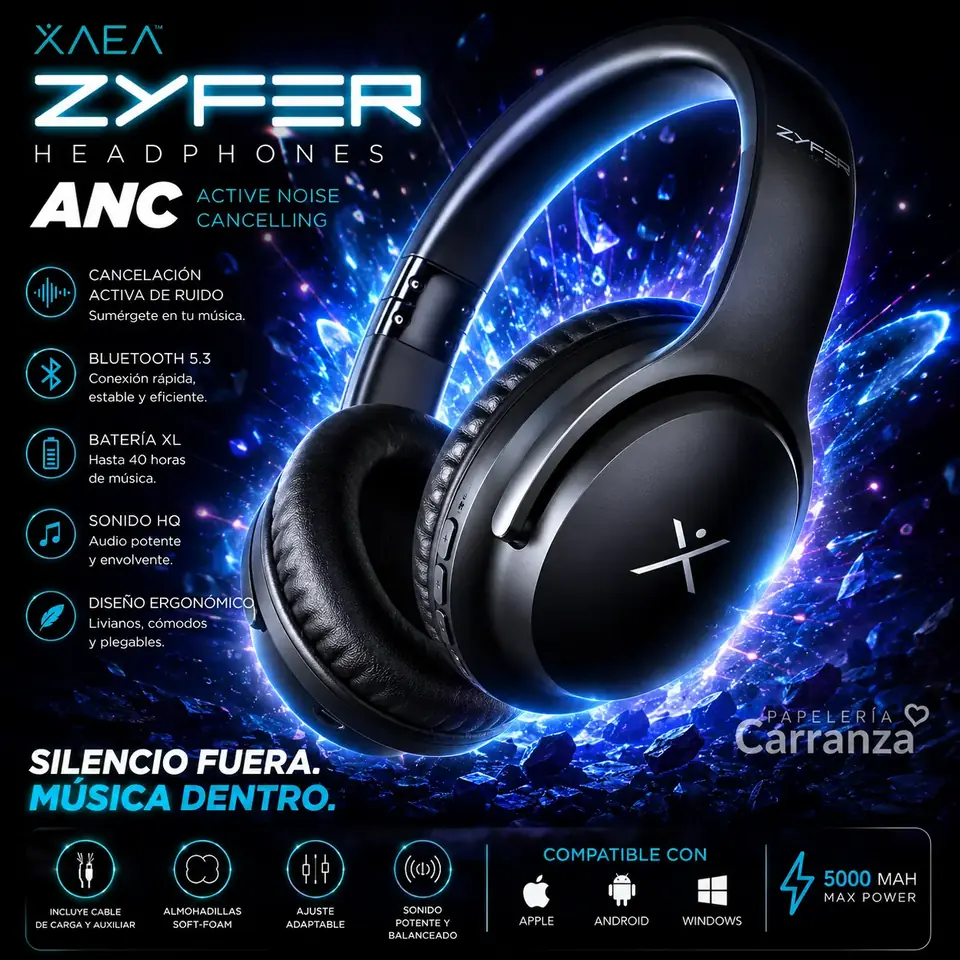 Auriculares Inalámbricos * XAEA ZYFER PRO Negro * Bluetooth (Premium) Batería XL -CALIDAD- CON CANCELACION DE RUIDOS