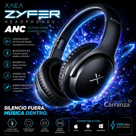 Auriculares Inalámbricos * XAEA ZYFER PRO Negro * Bluetooth (Premium) Batería XL -CALIDAD- CON CANCELACION DE RUIDOS