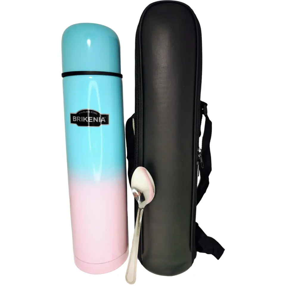 Termo Bala  *Brikenia Pastel Bicolor* Acero Inoxidable 1 Litro C/ Funda y correa + Cuchara metalica (Tapón 1 toque)