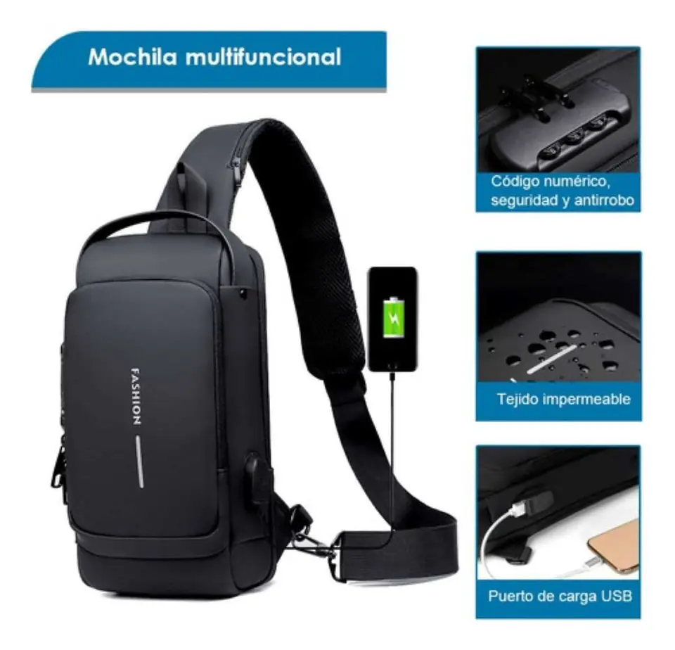 Pechera Cruzada de Seguridad * Negra Antirrobo * Reforzada + USB + Candado de combinación