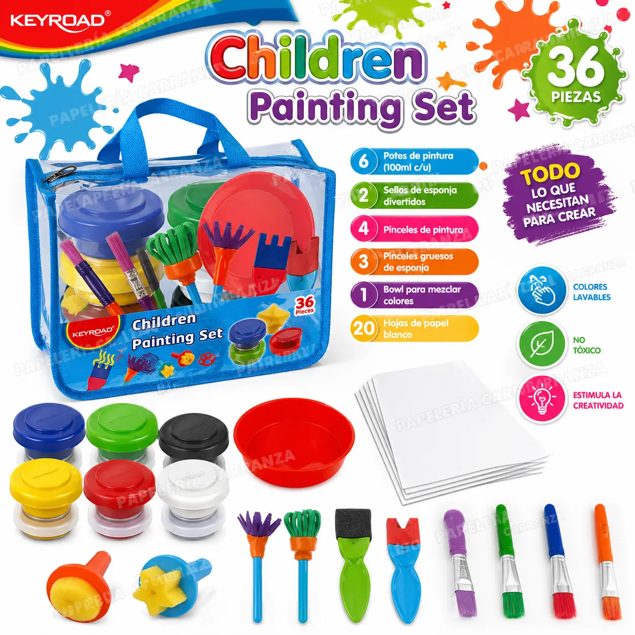 SET KEYROAD * CHILDREN PAINTING * BOLSITO + TEMPERAS POTE + SELLITOS + PINCELES + ACCESORIOS Y HERRAMIENTAS