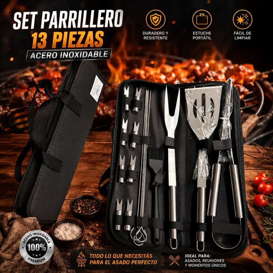 Set Parrillero Acero Inoxidable x 13 Piezas