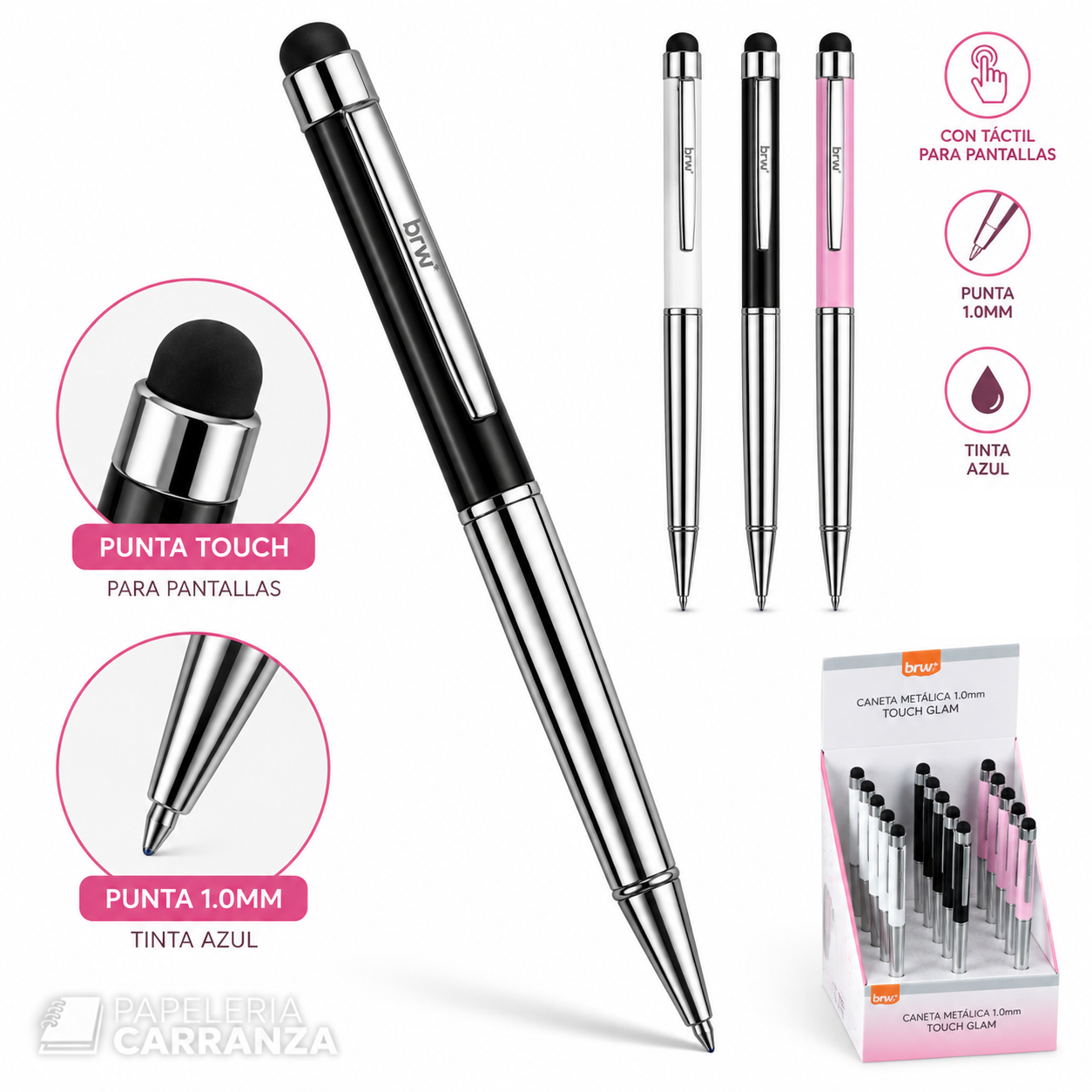 Lapiceras C/ Tactil * TOUCH GLAM NEGRO * Para Celular + Boligrafo tinta Azul (Linea PREMIUM) BRW