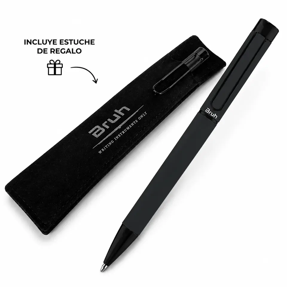 Lapicera Metálica BRUH *BERLIN NEGRA c/ Estuche de tela para Regalo* de Giro PREMIUM (Tinta Azul)