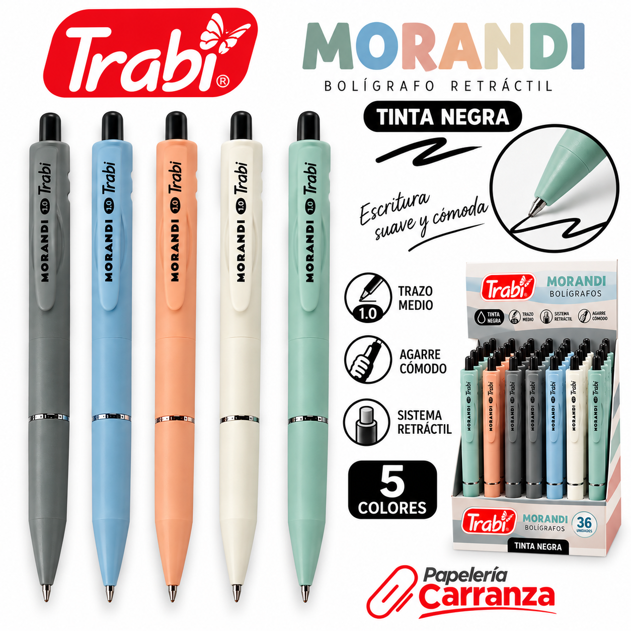 Lapicera Retractil Trabi - MORANDI TINTA NEGRA - (Trazo Medio 1.0 mm) Premium