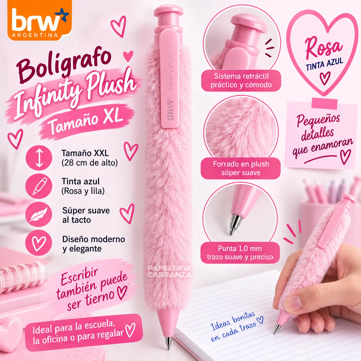 Lapiceras Infinity Plush * Rosa Peluche * GIGANTE (28cm) PREMIUM Regalo BRW (Tinta Azul)