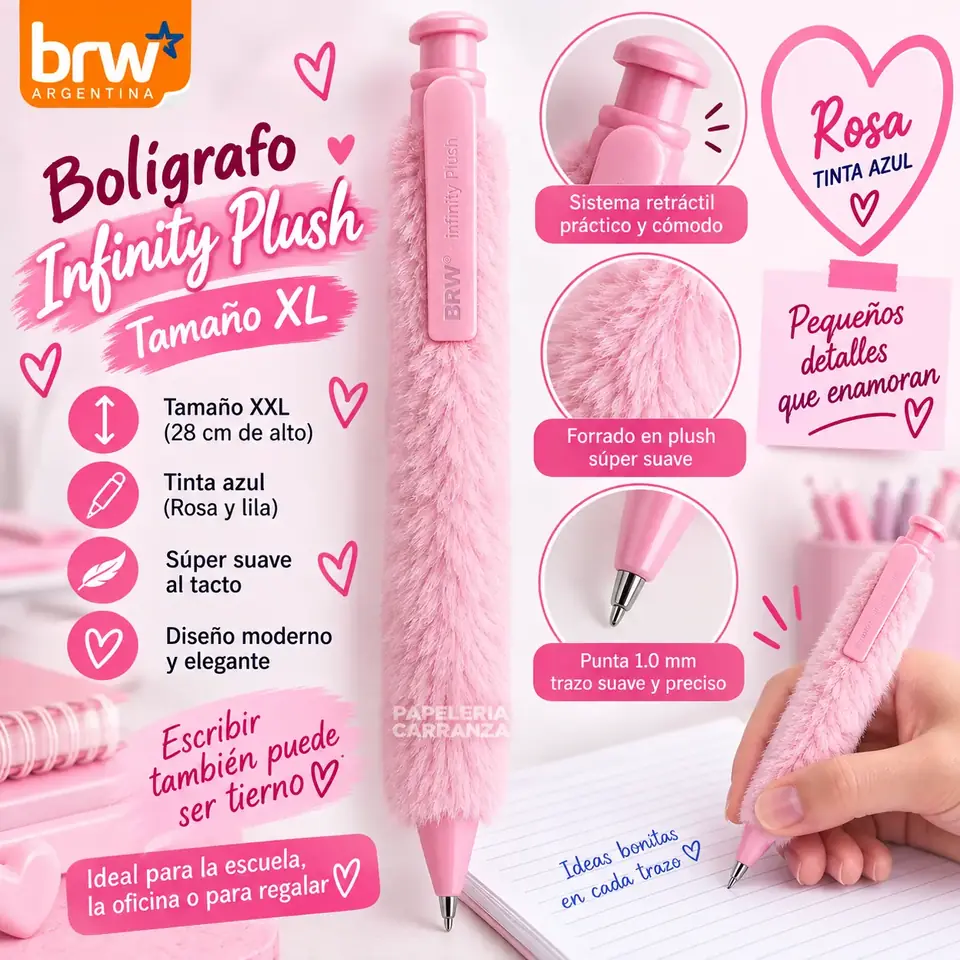 Lapiceras Infinity Plush * Rosa Peluche * GIGANTE (28cm) PREMIUM Regalo BRW (Tinta Azul)