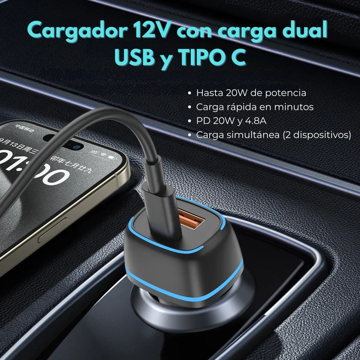 Cargador de Auto para Celular " Only GEAR + Cable Tipo C" (Carga Rápida 20W) 12 V