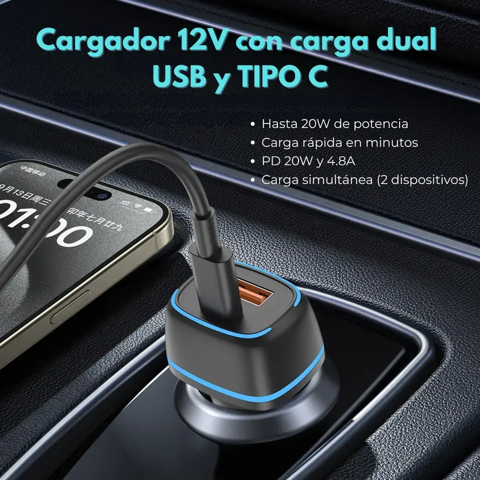 Cargador de Auto para Celular " Only GEAR + Cable Tipo C" (Carga Rápida 20W) 12 V