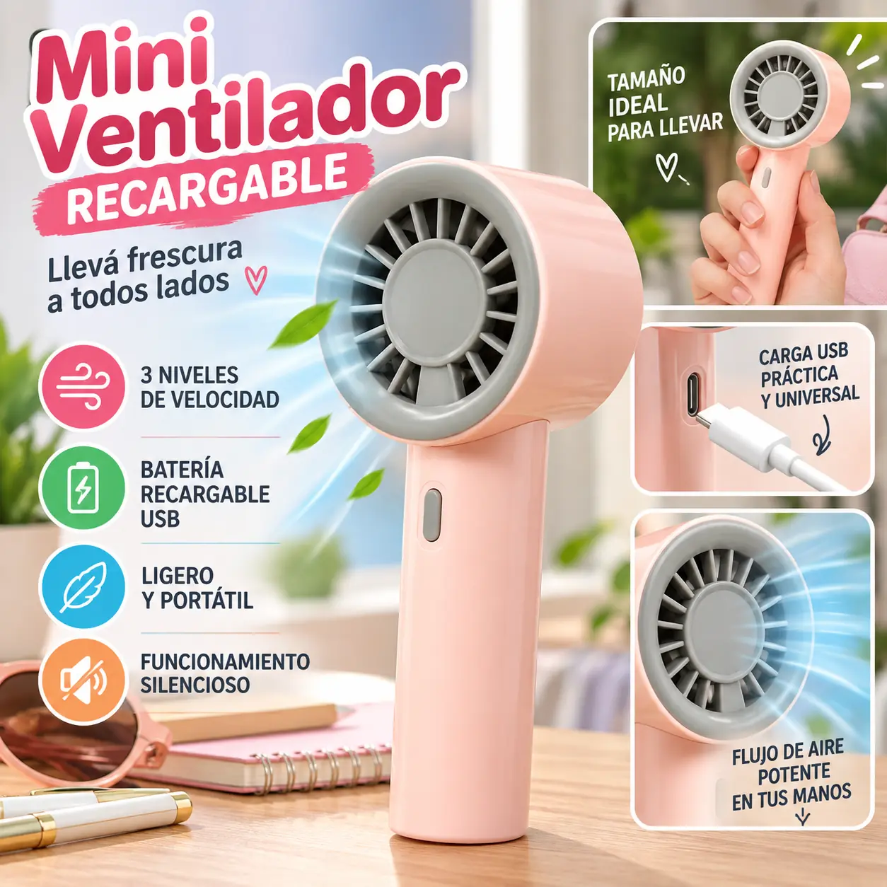 Mini Ventilador "Fan 114014" Portatil Recargable 3 Velocidades