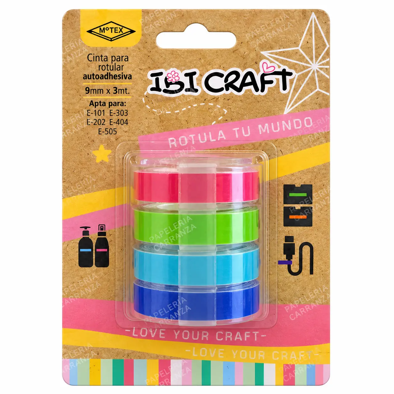 Repuesto x 4 Cintas Autoadhesivas para Rotuladora Ibi Craft Rosa Motex E-303 9mm x 3 mts c/u
