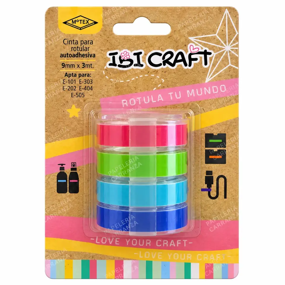 Repuesto x 4 Cintas Autoadhesivas para Rotuladora Ibi Craft Rosa Motex E-303 9mm x 3 mts c/u