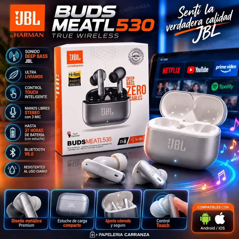 Auriculares * JBL Buds Meatl 530 * de METAL PREMIUM Inalámbricos Bluetooth (Con Cancelación de ruido Optimizada)