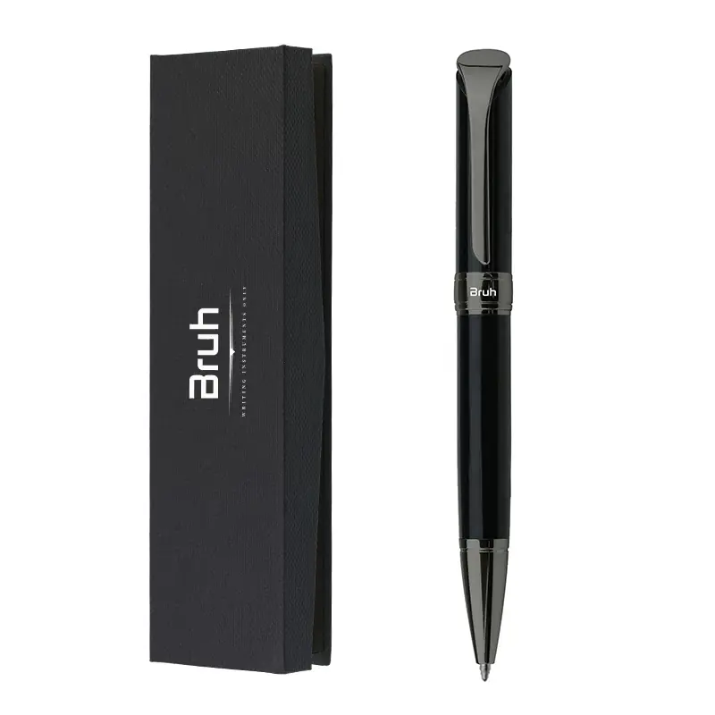 Lapicera Metálica BRUH *MUNICH NEGRA c/ Estuche Rigido + Bolsa para Regalo* de Giro PREMIUM (Tinta Azul)