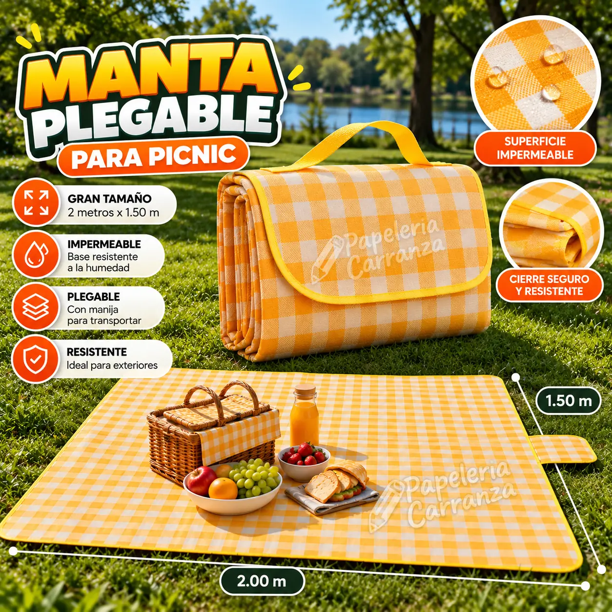Manta Plegable Impermeable - Amarilla - Camping 2 x 1.50 Metros