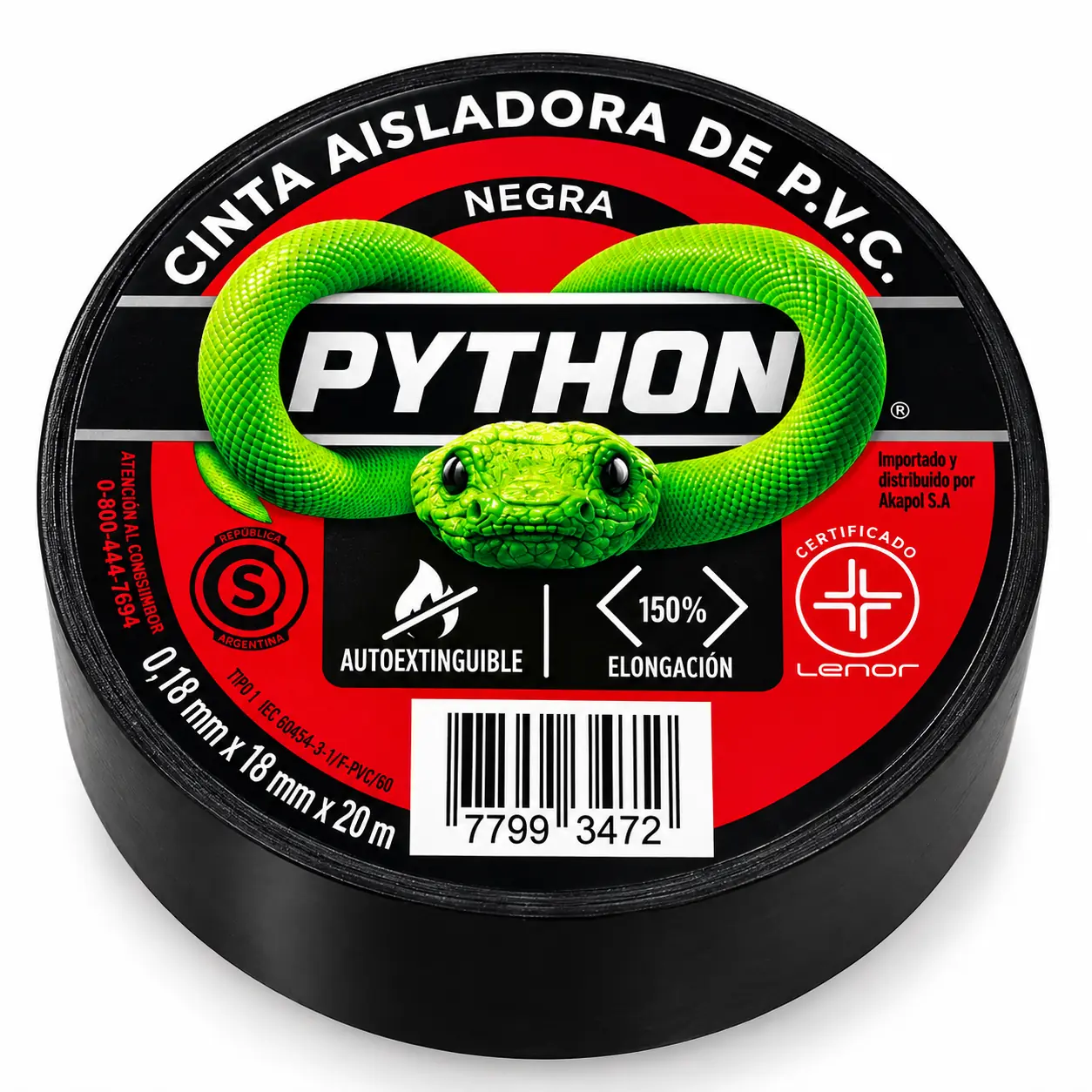 CINTA ADHESIVA * AISLANTE PYTHON * Negra Multi Uso 18 X 20 MTS (Autoextinguible) CALIDAD