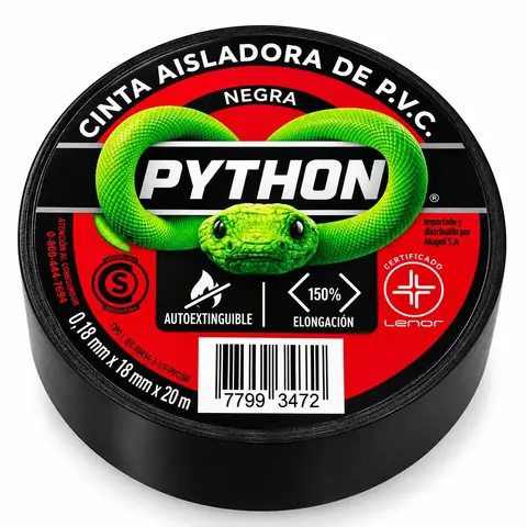CINTA ADHESIVA * AISLANTE PYTHON * Negra Multi Uso 18 X 20 MTS (Autoextinguible) CALIDAD