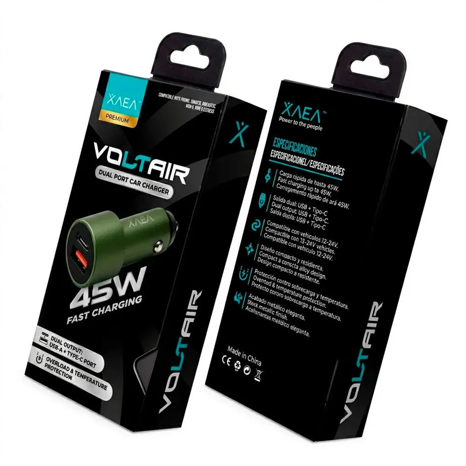 Cargador para Celular " XAEA VOLTAIR 45w (SIN KBLE) " Tipo A y Tipo C (Activa Carga Ultra Rápida) 12V y 24v Autos Camiones Colectivos etc