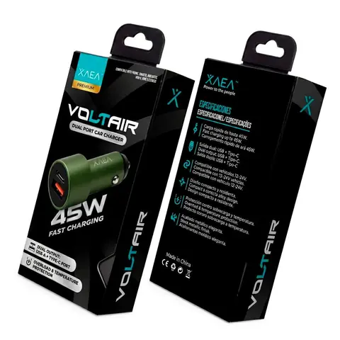 Cargador para Celular " XAEA VOLTAIR 45w (SIN KBLE) " Tipo A y Tipo C (Activa Carga Ultra Rápida) 12V y 24v Autos Camiones Colectivos etc