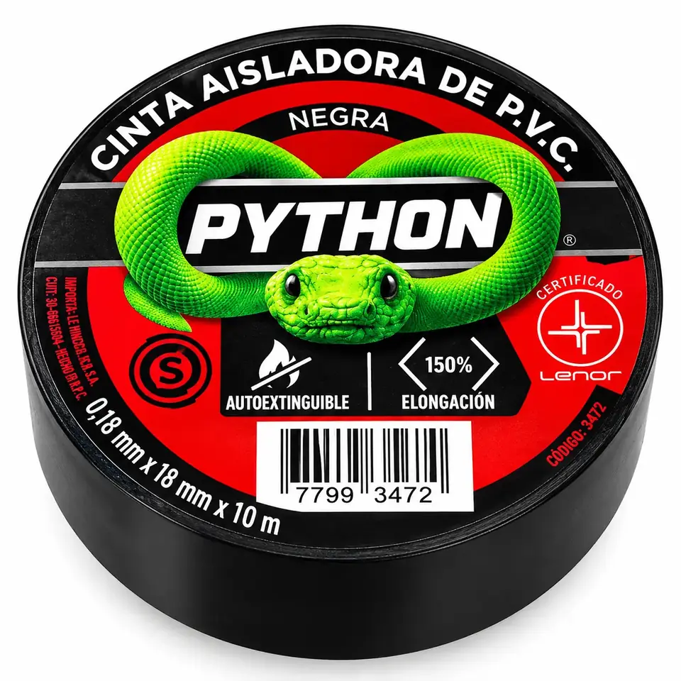 CINTA ADHESIVA * AISLANTE PYTHON * Negra Multi Uso 18 X 10 MTS (Autoextinguible) CALIDAD