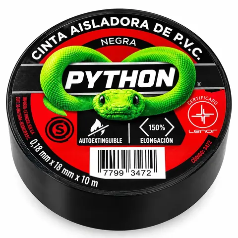 CINTA ADHESIVA * AISLANTE PYTHON * Negra Multi Uso 18 X 10 MTS (Autoextinguible) CALIDAD