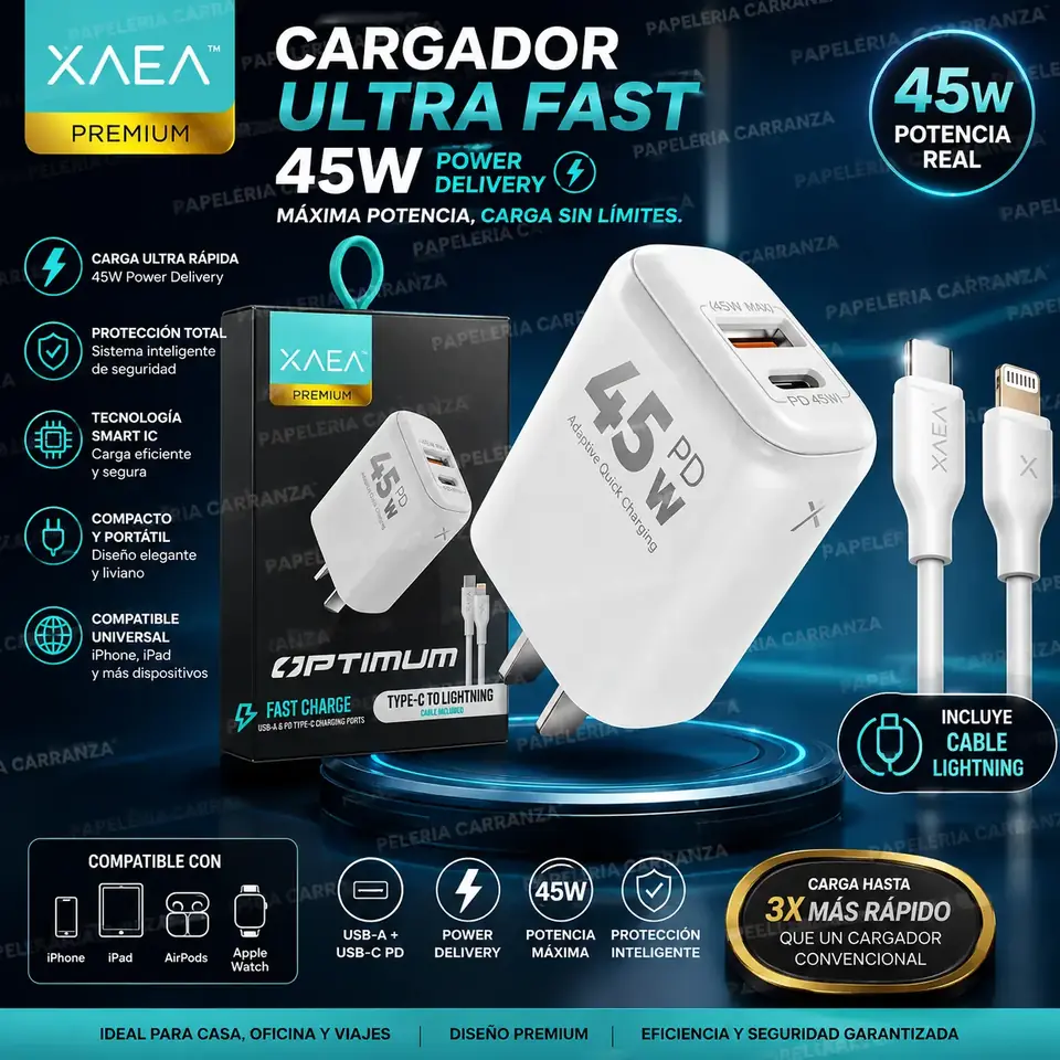Cargador para Celular OPTIMUM (Salida LIGHTNING) 45W Premium Usb (Carga Ultra Rapida) - Calidad de un Original