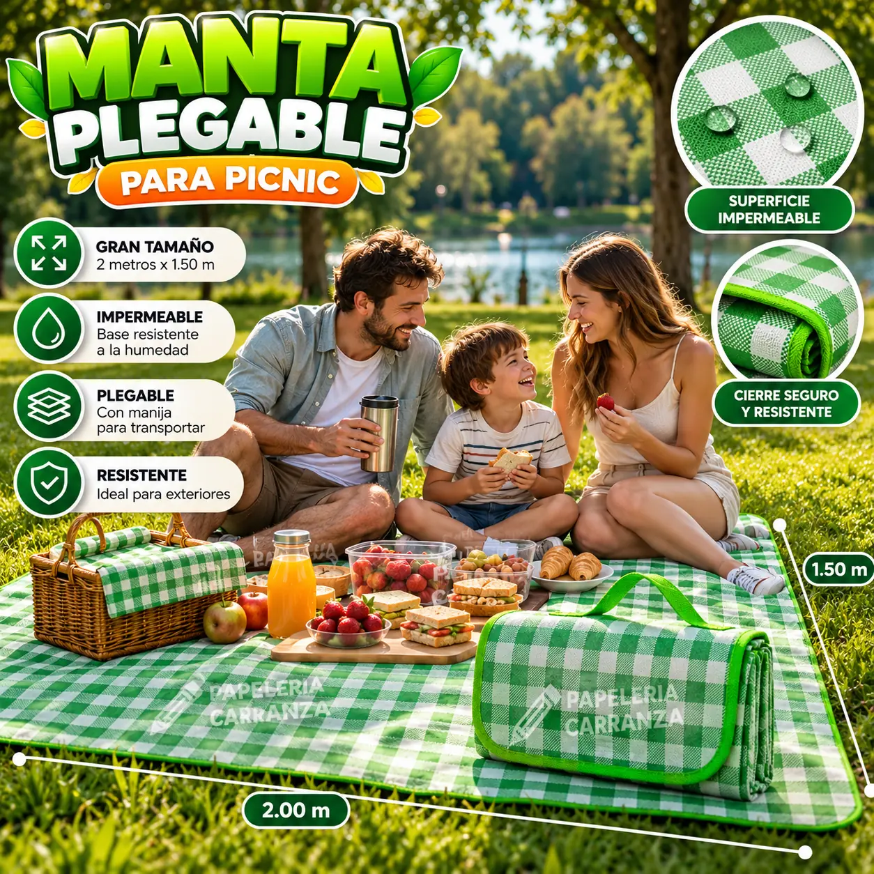 Manta Plegable Impermeable - Verde - Camping 2 x 1.50 Metros
