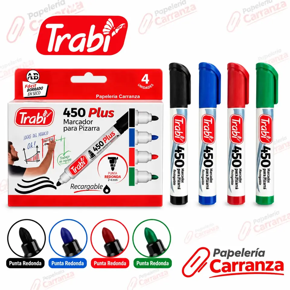 Marcador para Pizarra x 4 colores ** CLASICOS PUNTA REDONDA **  Trabi 450 Recargable Punta Redonda