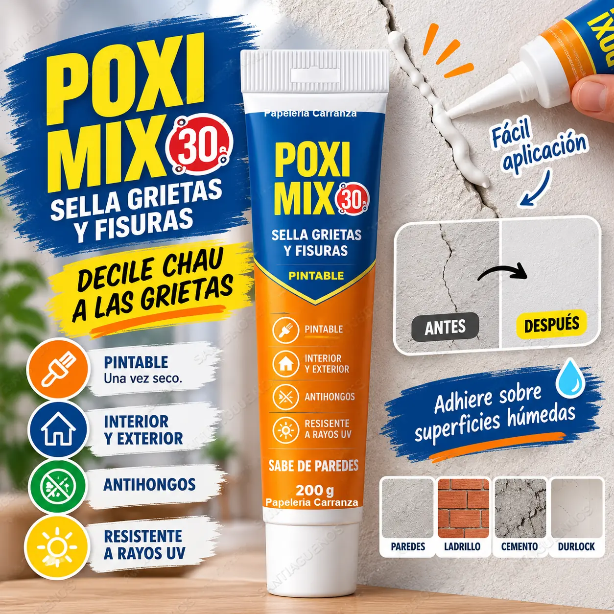 Poximix * SELLA GRIETAS Y FISURAS * pomo 200g PINTABLE (30 minutos) Interior y Exterior