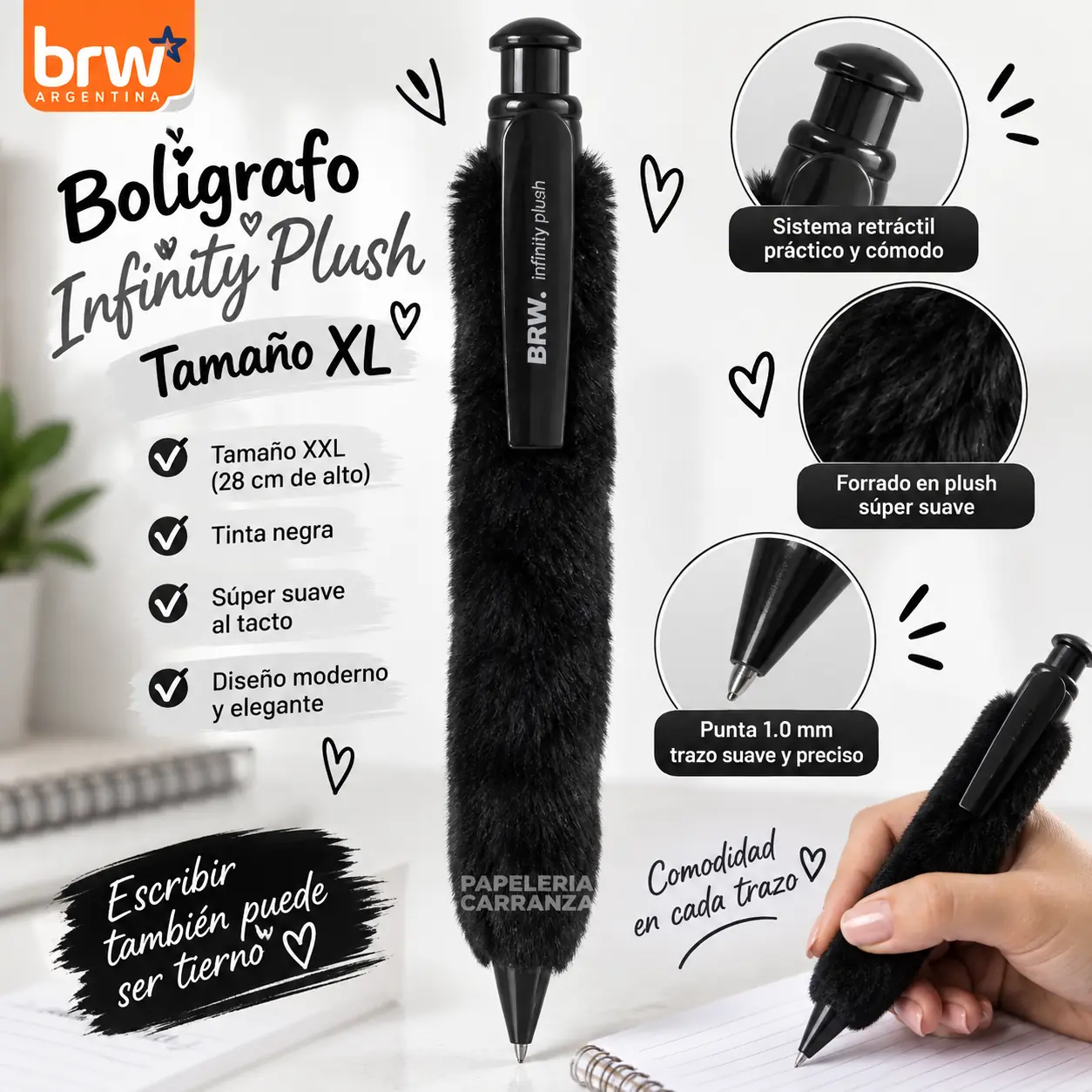 Lapiceras Infinity Plush * Negro Peluche * GIGANTE (28cm) PREMIUM Regalo BRW (Tinta Negra)