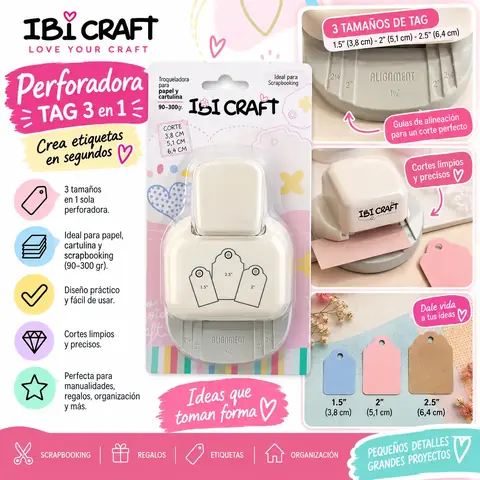 Troqueladora " Fabrica de Etiquetas Redondeado Tag 3 en 1 " Ibi Craft Perforador con Formas