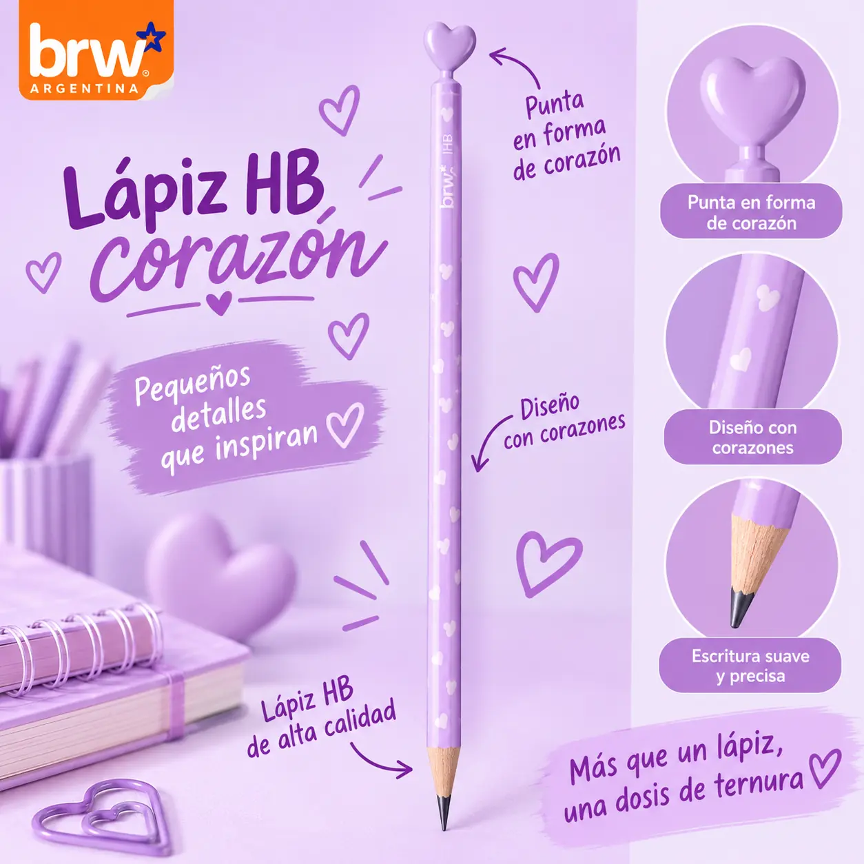 Lapiz Negro - Corazón Lila - Grafito x unidad BRW