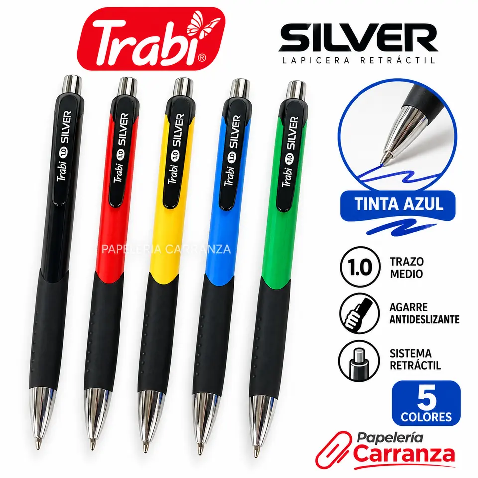 Lapicera Retractil Trabi - SILVER TINTA AZUL - (Trazo Medio 1.0 mm)