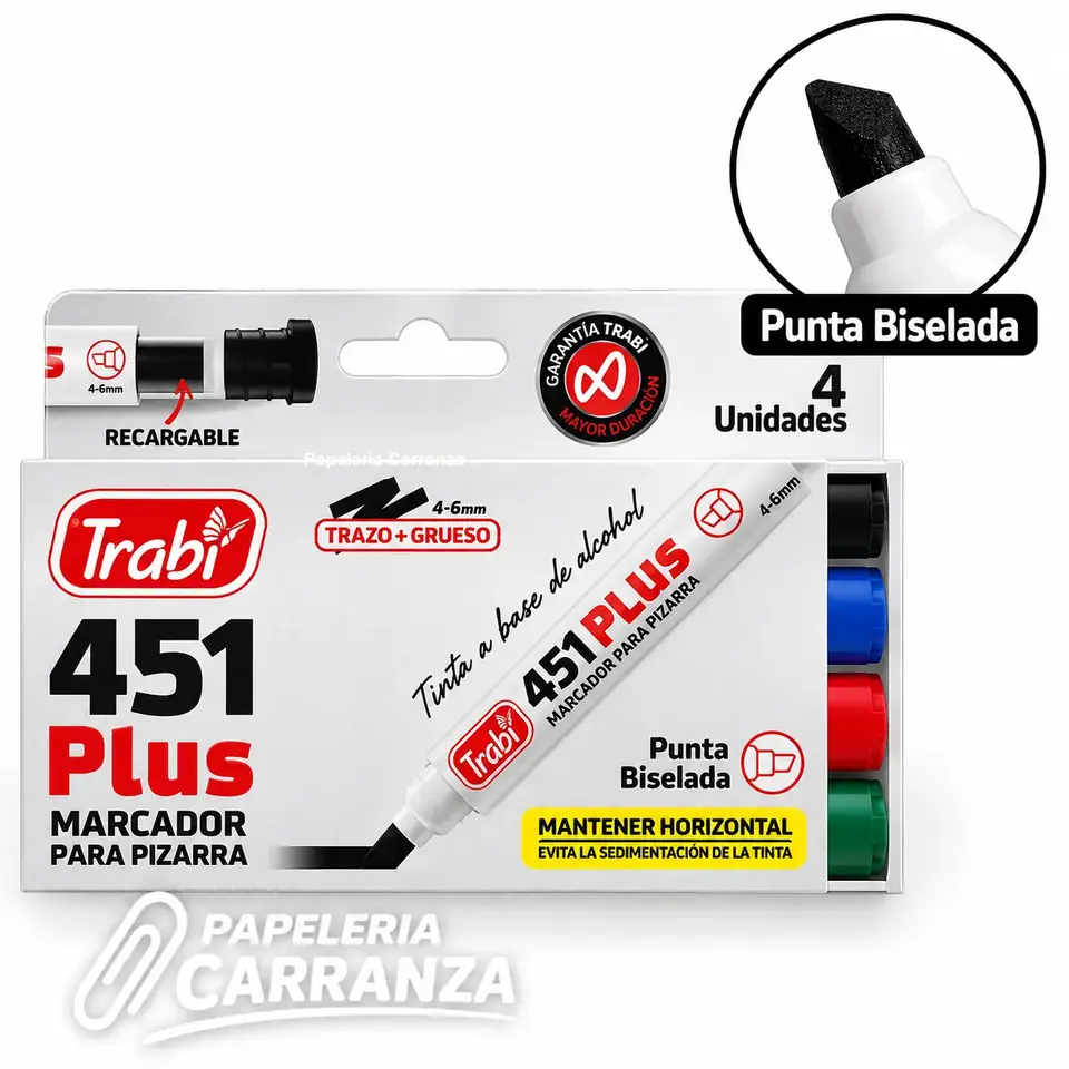 Marcador para Pizarra x 4 colores ** CLASICOS PUNTA BISELADA **  Trabi 451