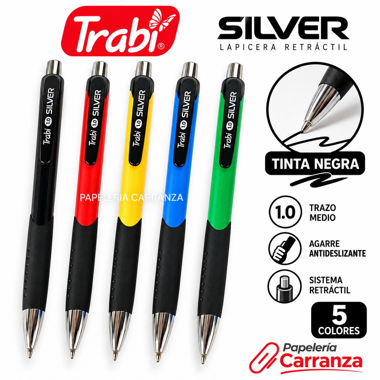 Lapicera Retractil Trabi - SILVER TINTA NEGRA - (Trazo Medio 1.0 mm)