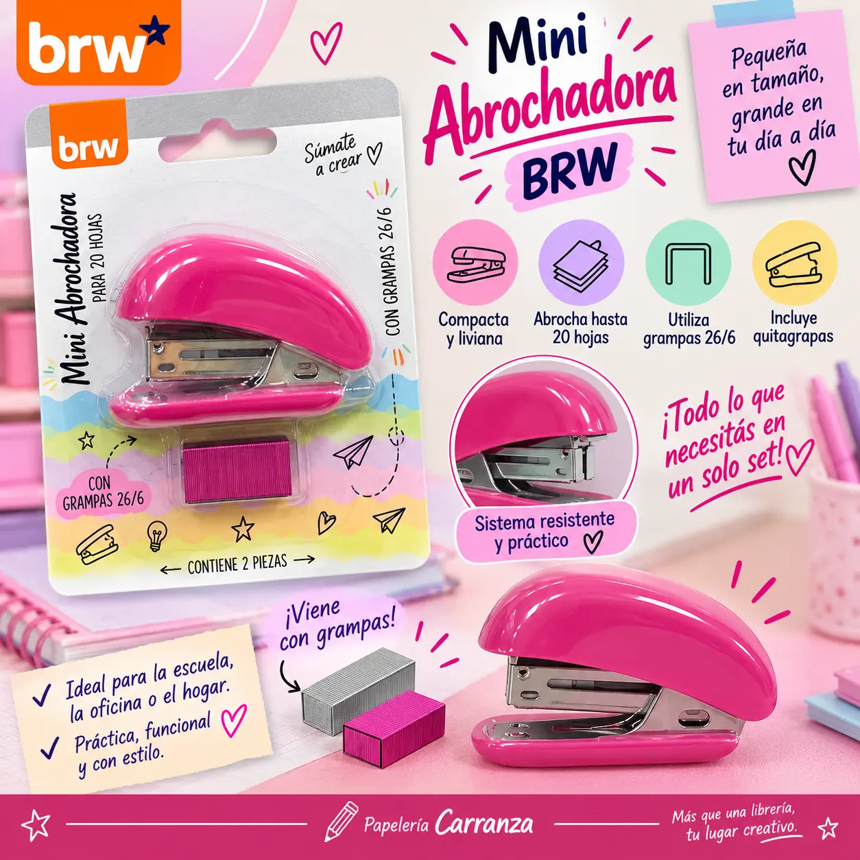 ABROCHADORA BRW ** ROSA NEÓN ** + BROCHES 26/6 (Para 20 Hojas)