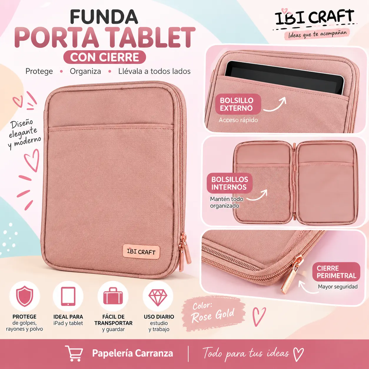 Porta Tablet Funda Reforzada - Ibi Craft Rose Gold - Con Cierre y Bolsillos