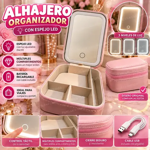 ALHAJERO - ROSA- Con Espejo Led Recargable Joyero Con Cierre