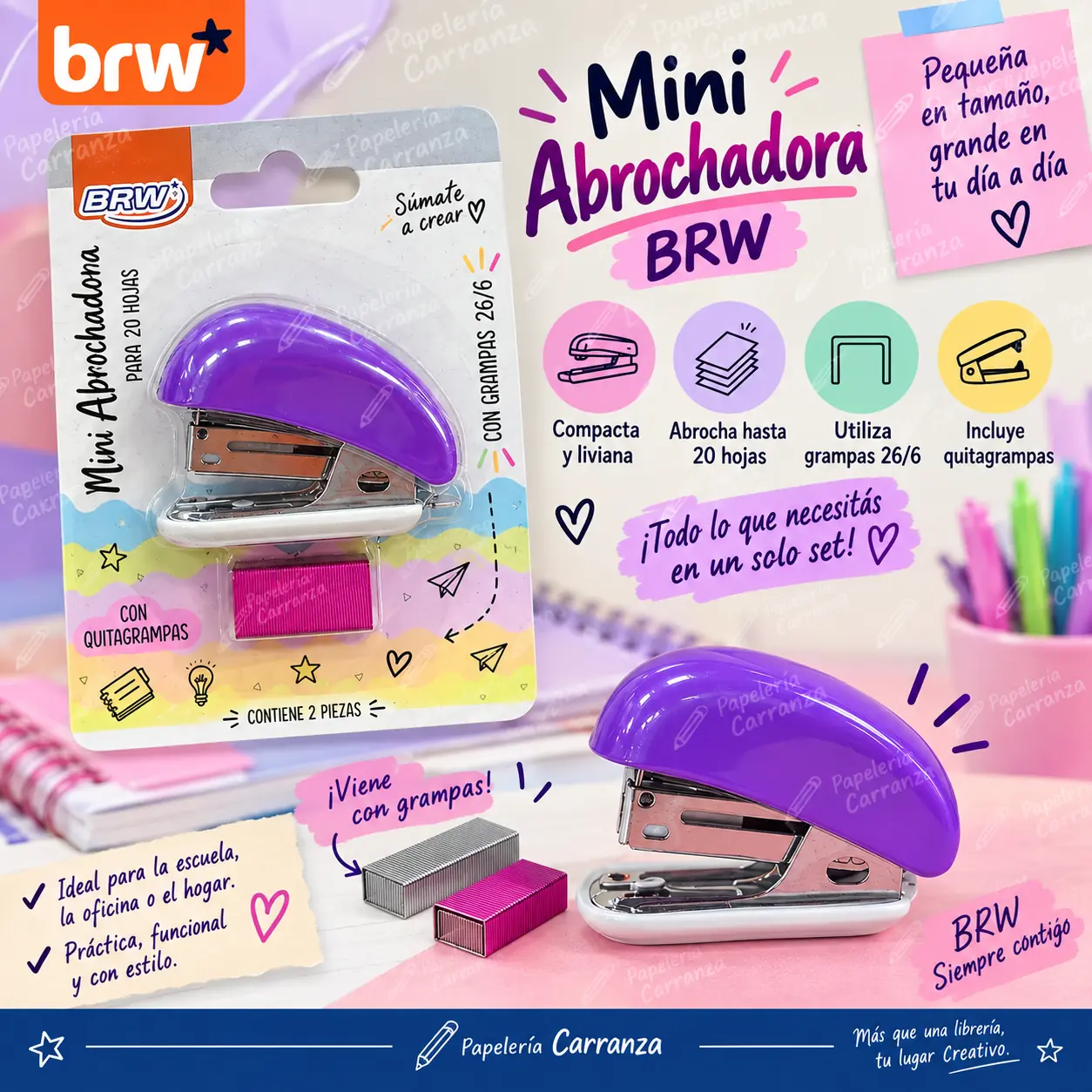 ABROCHADORA BRW ** LILA ** + BROCHES 26/6 (Para 20 Hojas)