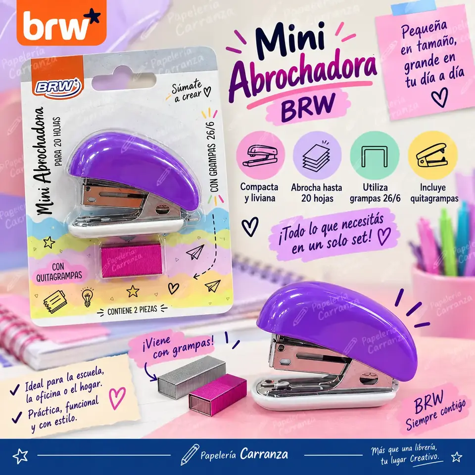 ABROCHADORA BRW ** LILA ** + BROCHES 26/6 (Para 20 Hojas)