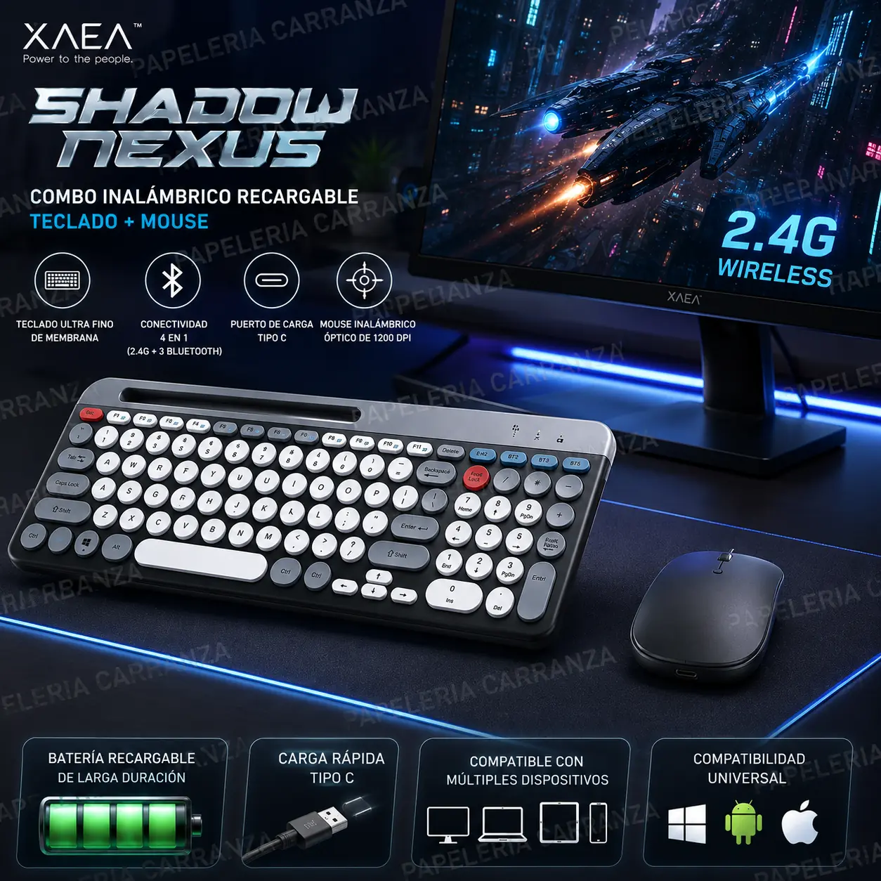 Combo XAEA Mini Inalámbrico * SHADOW NEXUS NEGRO * RECARGABLE (Teclado Recargable+ Mouse) Pc Notebook Celular Tablet PREMIUM