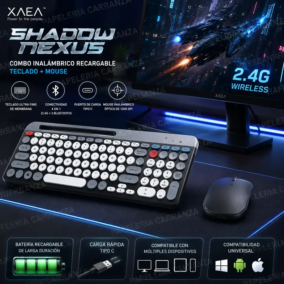 Combo XAEA Mini Inalámbrico * SHADOW NEXUS NEGRO * RECARGABLE (Teclado Recargable+ Mouse) Pc Notebook Celular Tablet PREMIUM