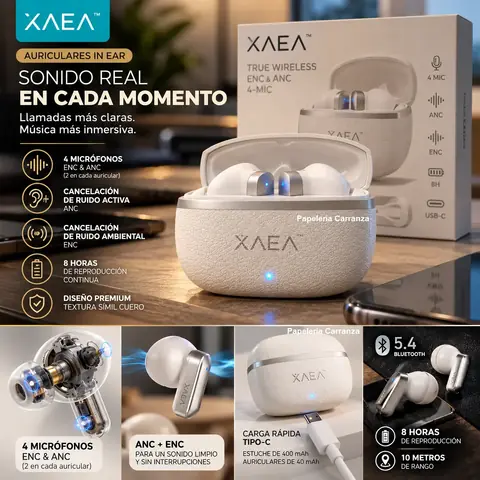 Auriculares "XAEA SIMIL CUERO 00AI BLANCO" Inalámbricos Bluetooth Premium ANC Y ENC (DOBLE CANCELACION DE RUIDO) (copia)