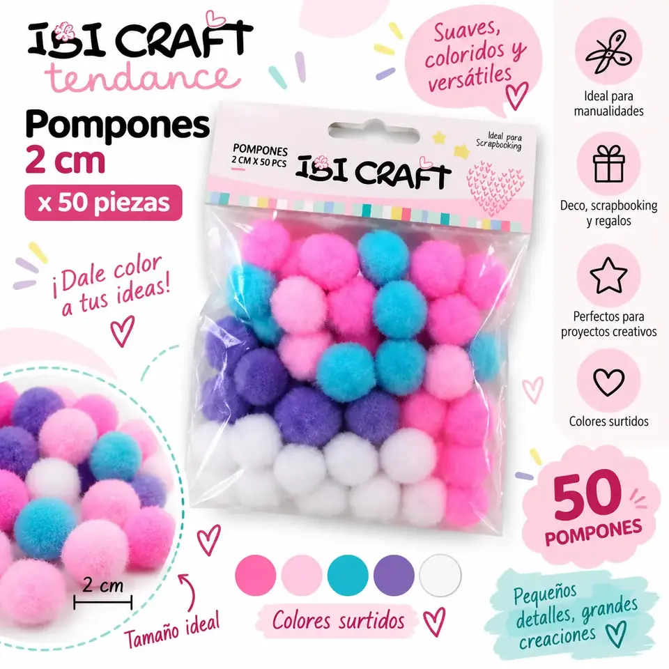 Pompones - Ibi Craft Pastel - 2cm x 50 piezas